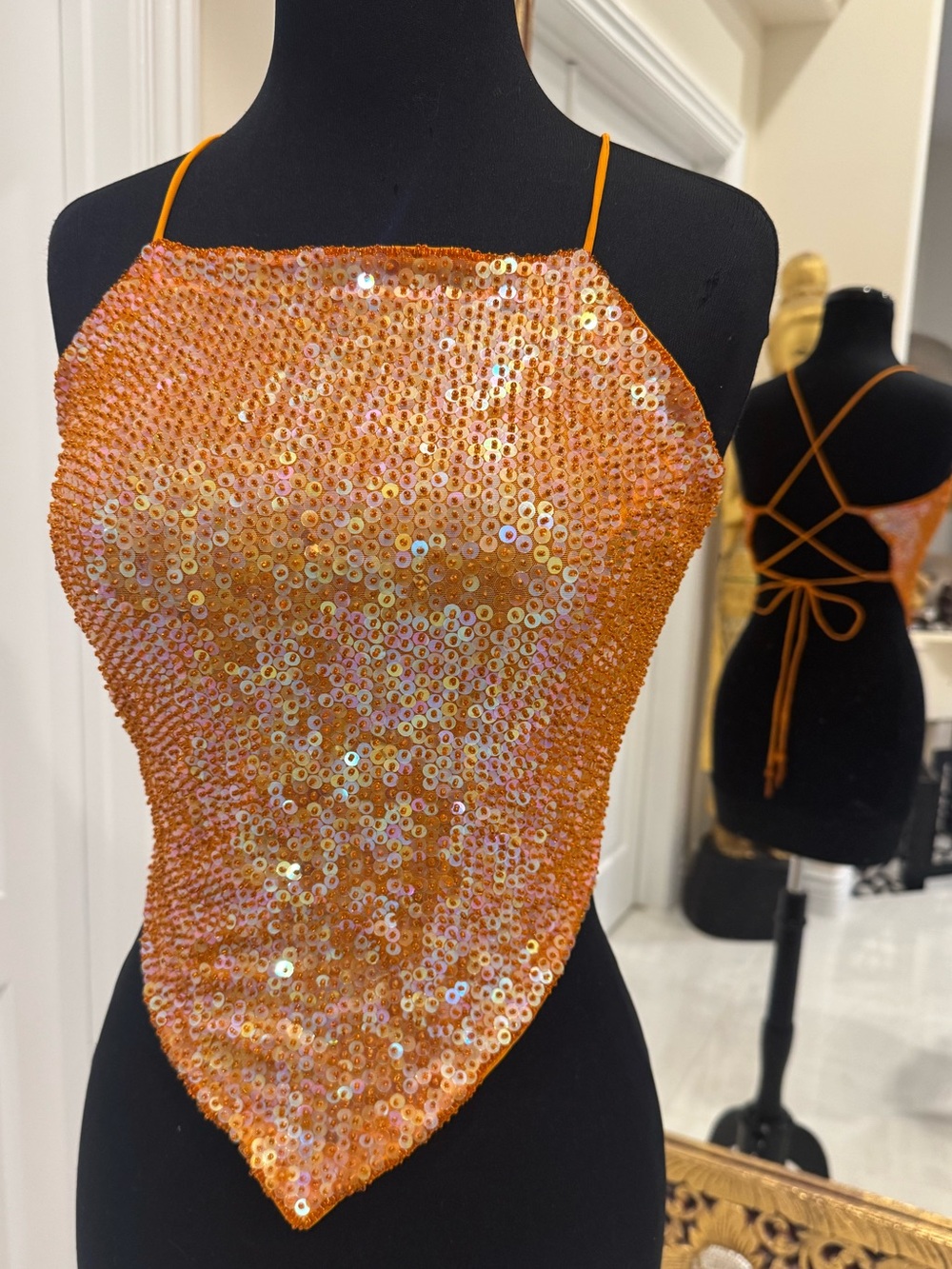 Orange Sequin stretch hand beaded Strappy Tie-Back Crop Top.
